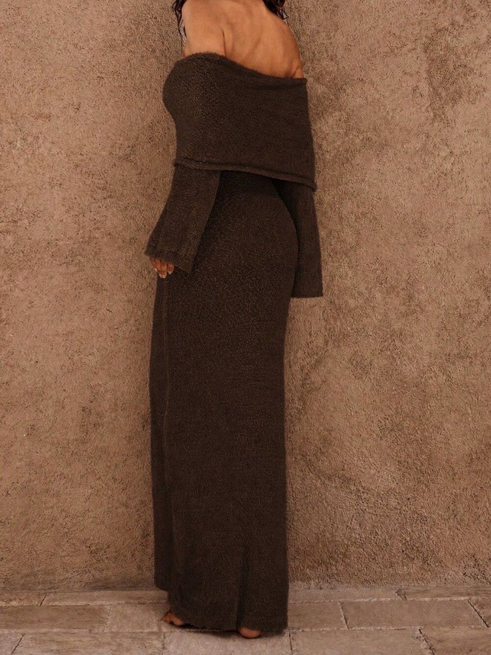 Coffee Brown Elegant Women's Off-Shoulder Casual Sexy Dress - Picture 2 of 5